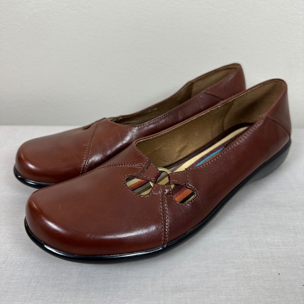 Clarks Brown Leather Slip-On Flats with Striped Bow Accent